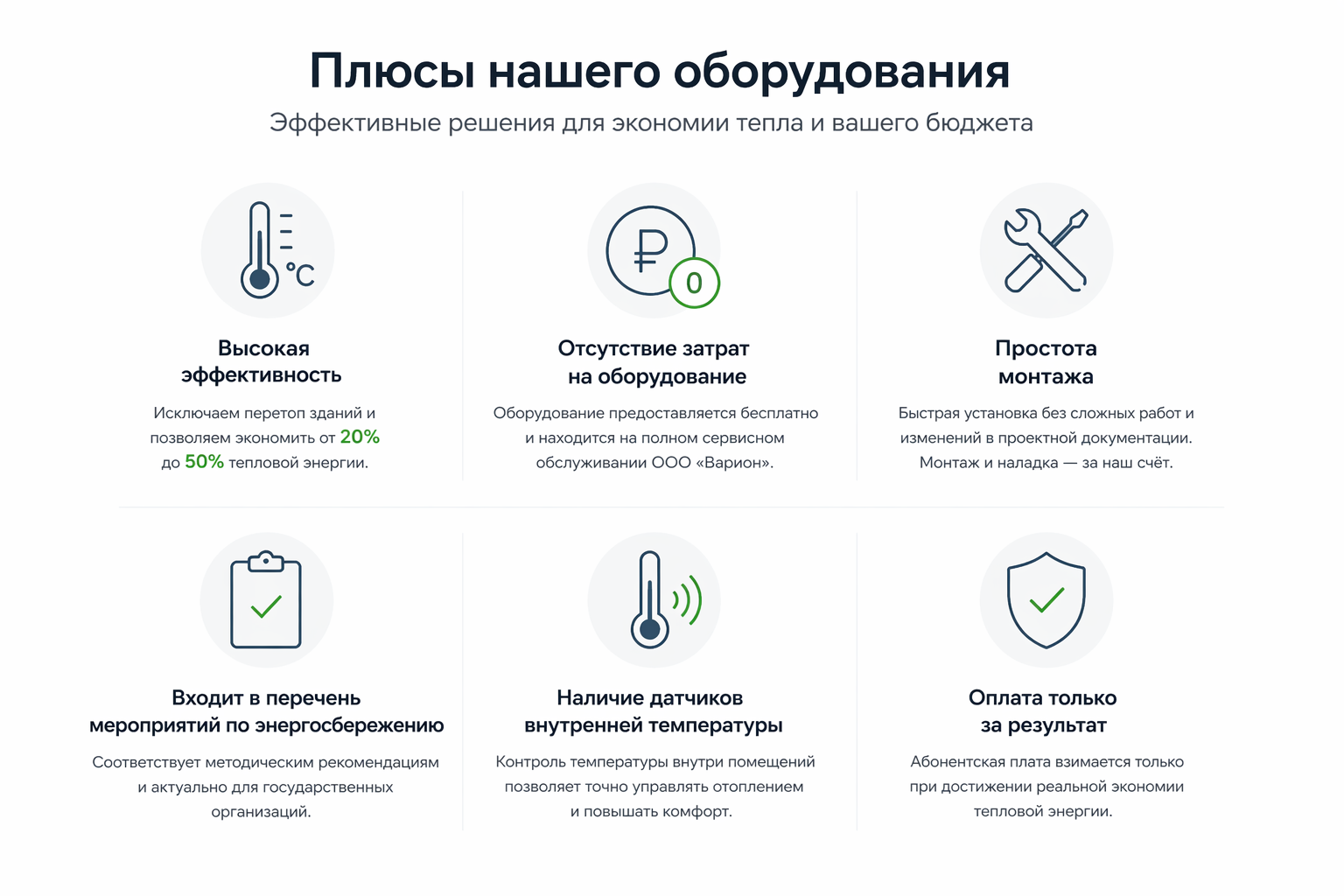 Плюсы оборудования: высокая эффективность, отсутствие затрат, простота монтажа, энергосбережение, датчики внутренней температуры, оплата за результат